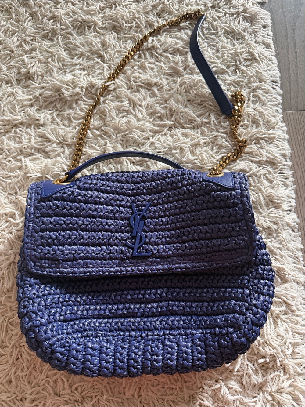 Saint Laurent Navy Raffia Chain Crossbody Bag